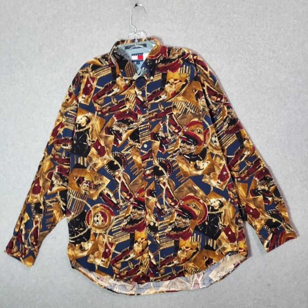 VINTAGE Tommy Hilfiger Men Button Up Shirt Large Brown Nautica Sailor Collar 90s